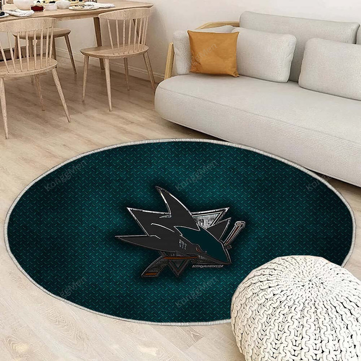 San Jose Sharksrug Round, Rugs - American Hockey Club Blue Metal Metal Rug Round Living Room, Carpet, Rug