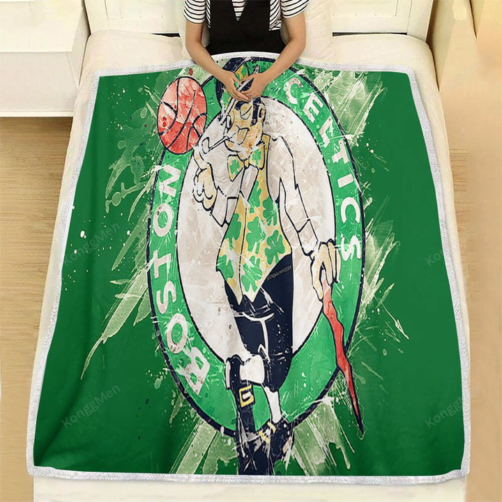 Boston Celtics Grunge  Fleece Blanket - American Basketball Club Green Grunge Paint Splashes Soft Blanket, Warm Blanket