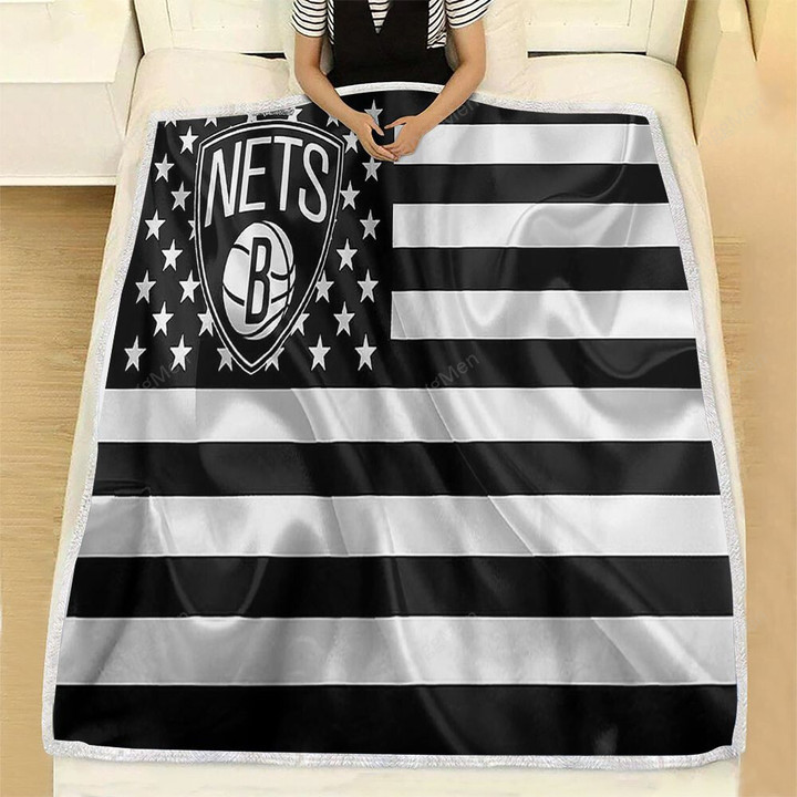 Brooklyn Nets Fleece Blanket - American Basketball Club American Flag Black And White Flag Soft Blanket, Warm Blanket