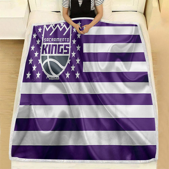 Sacramento Kings Fleece Blanket - American Basketball Club American Flag Violet White Flag Soft Blanket, Warm Blanket