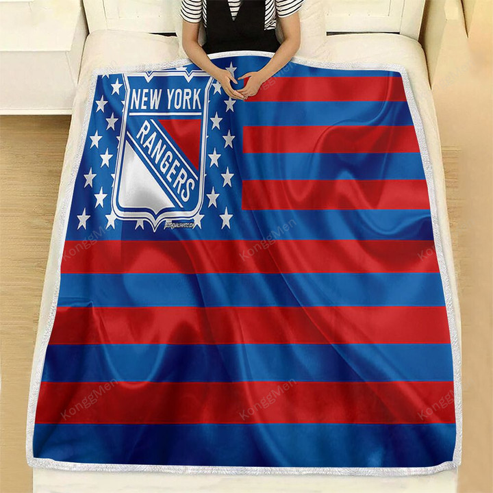 New York Rangers Fleece Blanket - American Hockey Club American Flag Red Blue Flag Soft Blanket, Warm Blanket