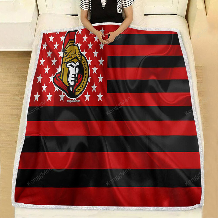 Ottawa Senators Fleece Blanket - Canadian Hockey Club American Flag Red Black Flag Soft Blanket, Warm Blanket