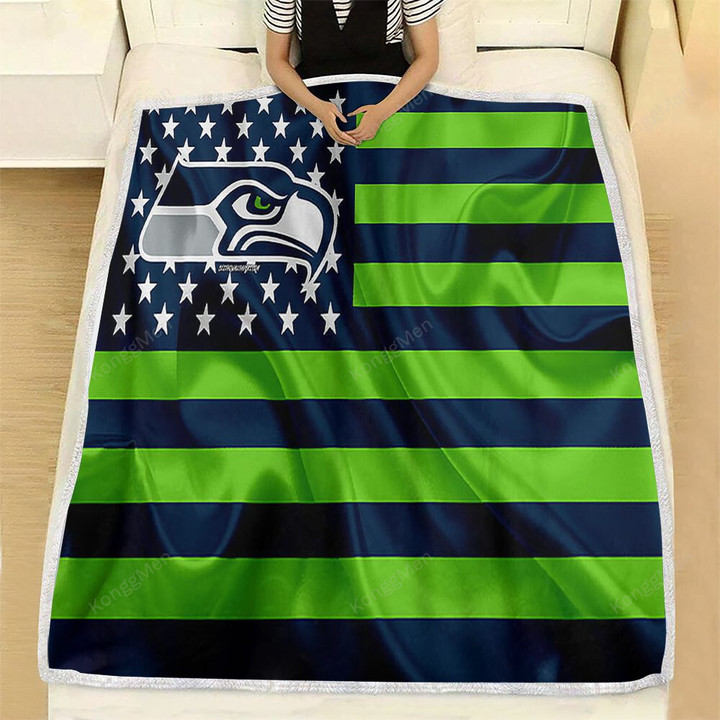 Seattle Seahawks Fleece Blanket - American Football Team American Flag Blue Green Flag Soft Blanket, Warm Blanket
