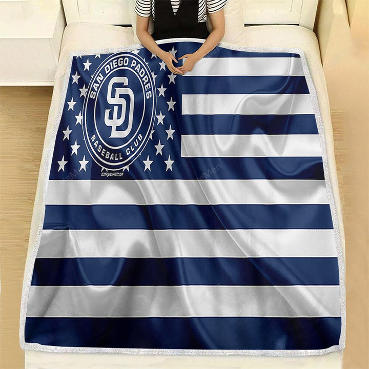 San Diego Padres Fleece Blanket - American Baseball Club American Flag Blue-White Flag Soft Blanket, Warm Blanket