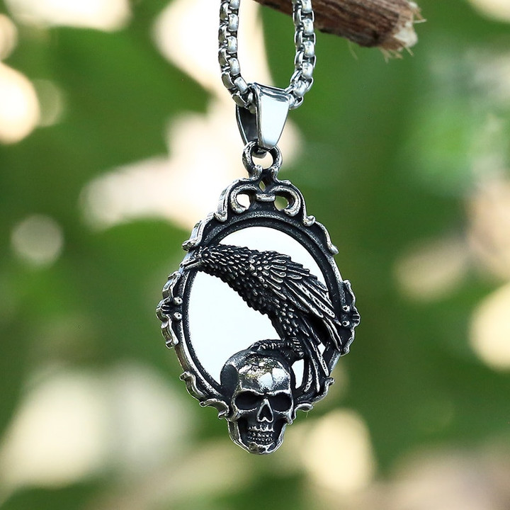 Skull Head With Crow Pendant Necklace