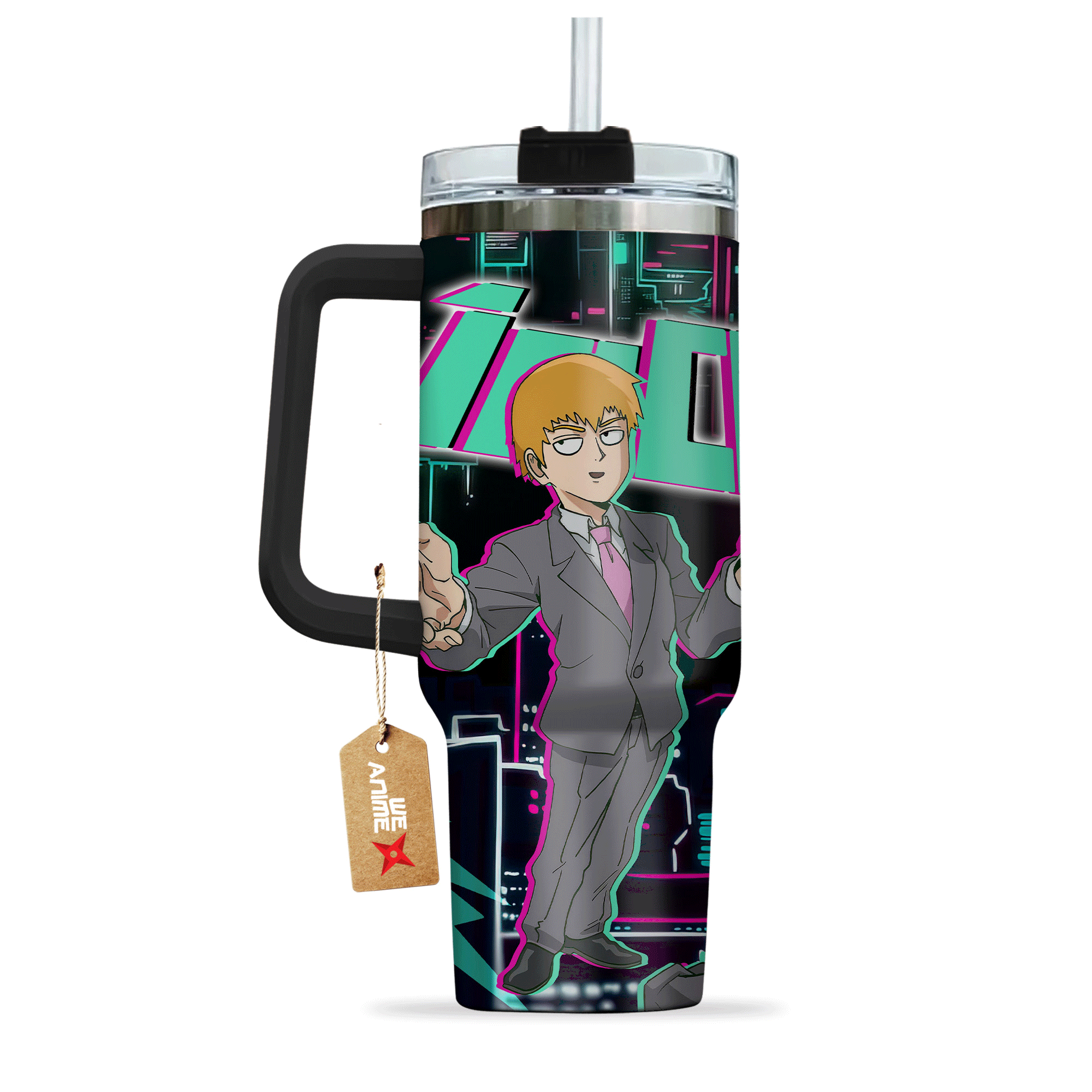 Arataka Reigen 40oz Travel Tumbler With Handle Personalized Anime Accessories - Wexanime