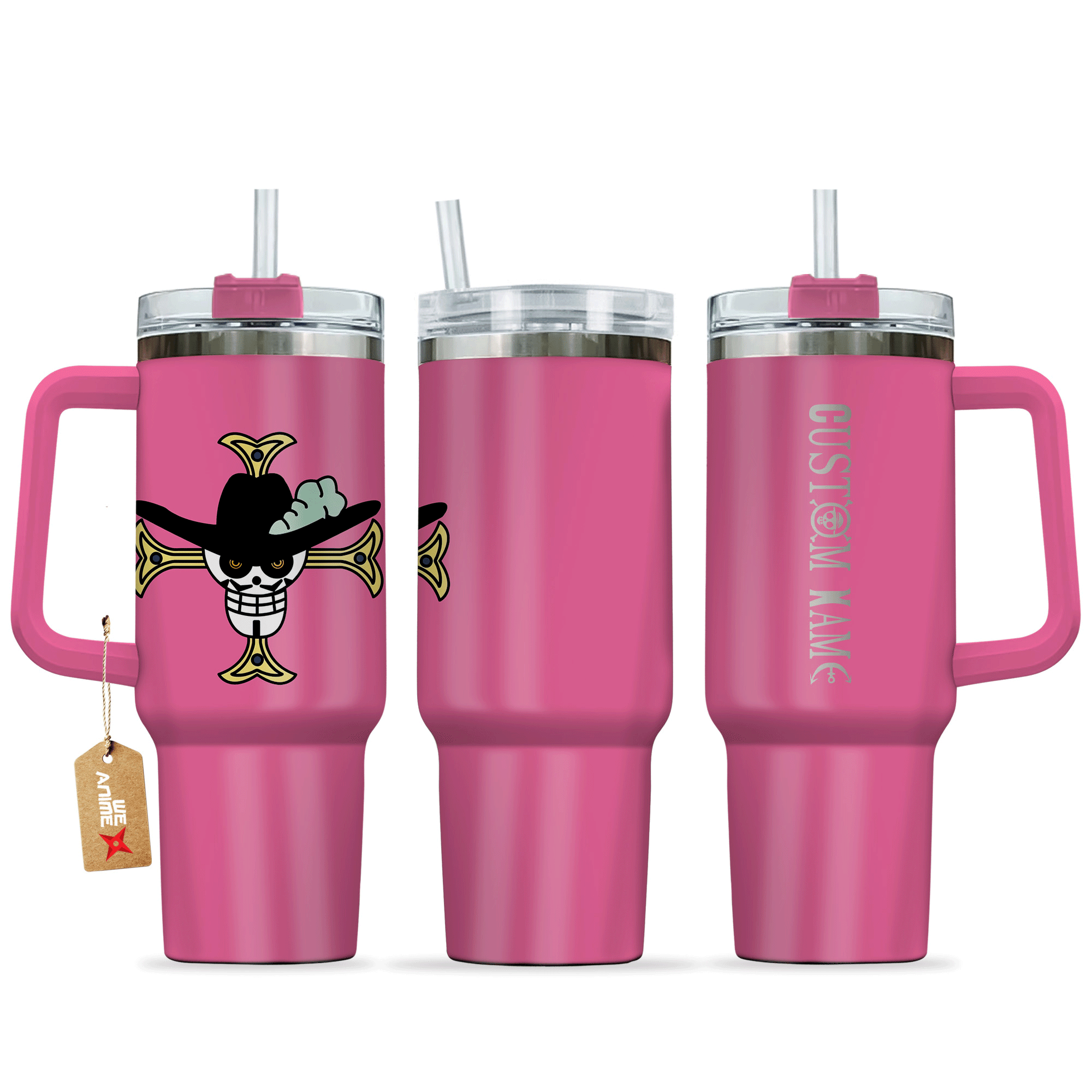 Dracule Mihawk 40oz Pink Valentines Personalized Tumbler With Handle Anime Cup - Wexanime