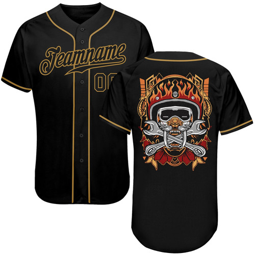 Custom Black Black-Old Gold  Skull Fashion Baseball Jersey