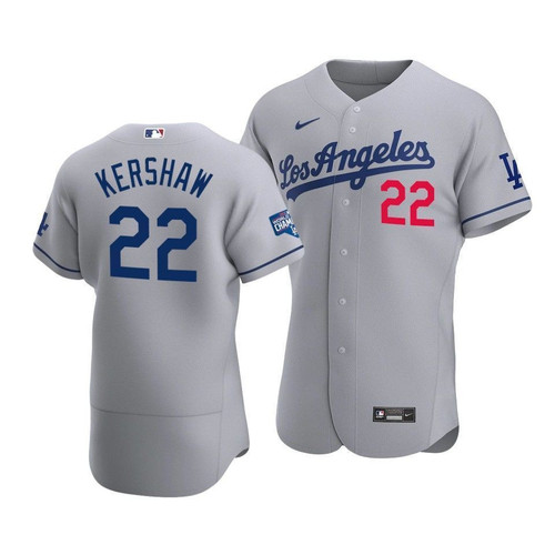 Men's  Los Angeles Dodgers Clayton Kershaw #22 2020 World Series Champions  Road Jersey Gray , MLB Jersey