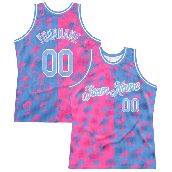 Custom Pink Light Blue-White 3D Pattern Design Palm Trees  Basketball Jersey