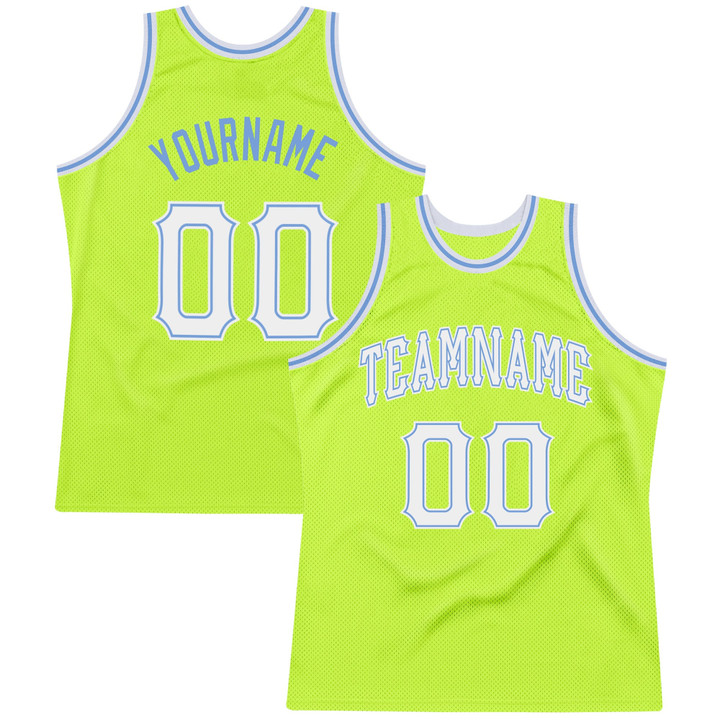 Custom Neon Green White-Light Blue  Throwback Basketball Jersey