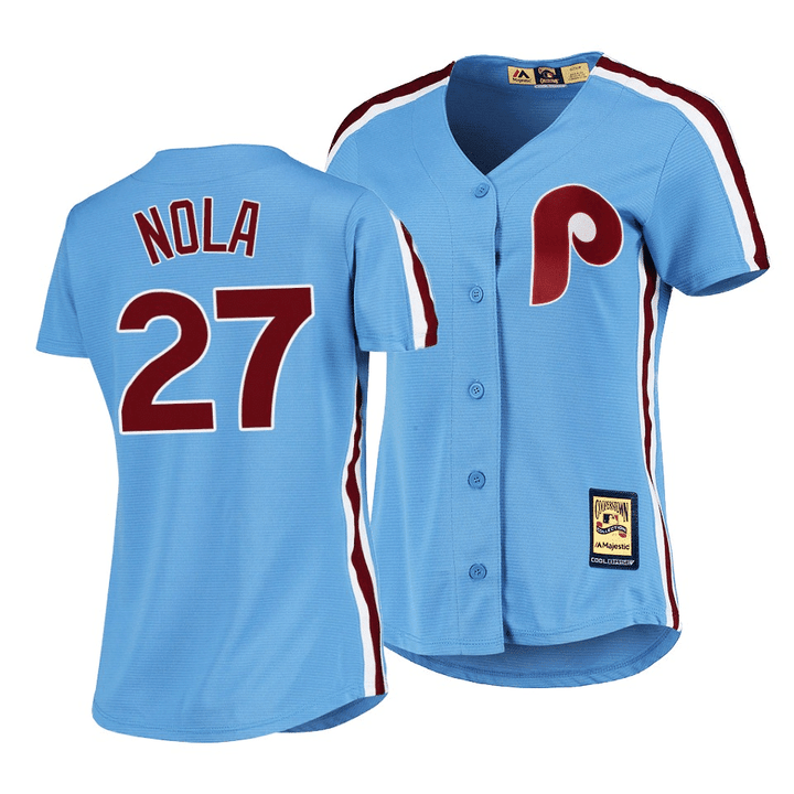 Women's  Philadelphia Phillies #27 Aaron Nola Cooperstown Collection Light Blue Road Jersey , MLB Jersey
