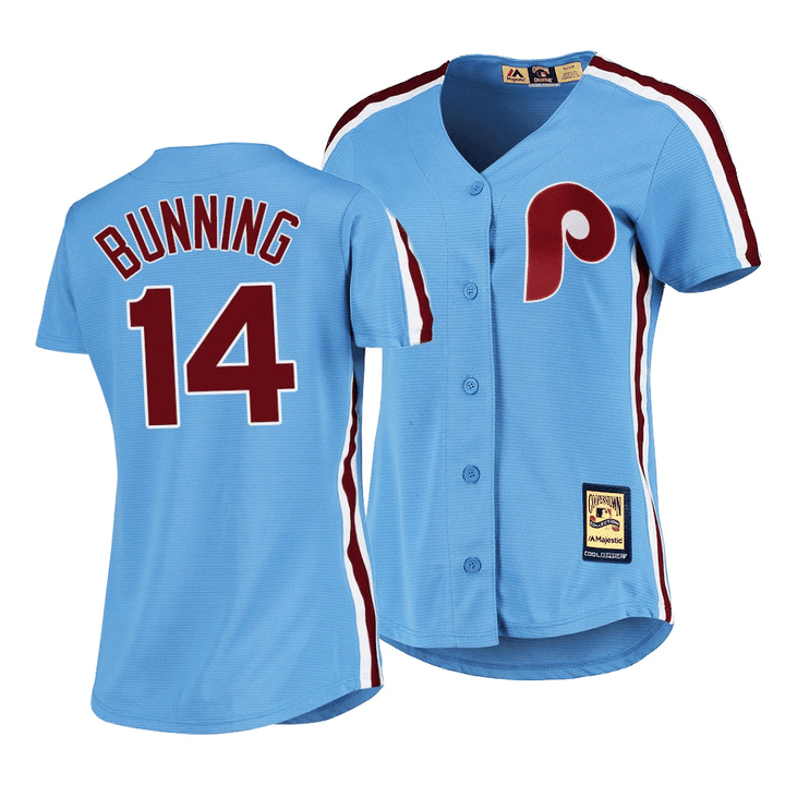 Women's  Philadelphia Phillies #14 Jim Bunning Cooperstown Collection Light Blue Road Jersey , MLB Jersey