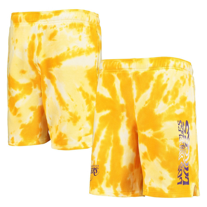 Los Angeles Lakers Youth Santa Monica Tie-Dye Shorts - Gold