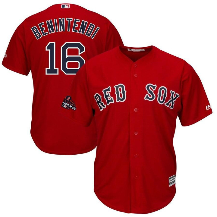 Men's Andrew Benintendi Boston Red Sox Majestic 2018 World Series Champions Team Logo Player- Scarlet Jersey