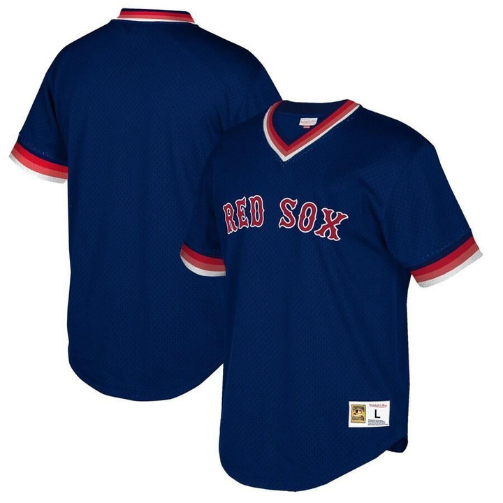 Men's Boston Red Sox Mitchell And Ness Big And Tall Cooperstown Collection Mesh Wordmark V-Neck Jersey - Navy , MLB Jersey