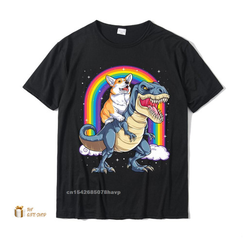 Corgi Riding Dinosaur T Rex Funny Space Galaxy Rainbow Gifts Premium T-Shirt Latest Man T Shirts Cotton Tops & Tees Group