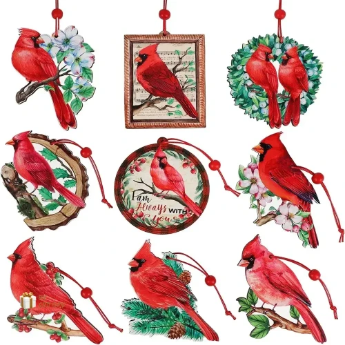 9pieces Red Cardinal Christmas Ornaments Wooden Cardinals Birds Christmas Tree Ornament Decorations 2