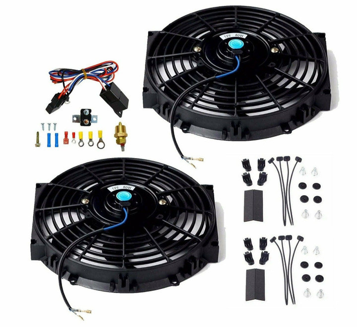(2) 10" Electric Radiator Cooling Slim Push Fan+ 3/8" Thermostat Relay Mount Kit