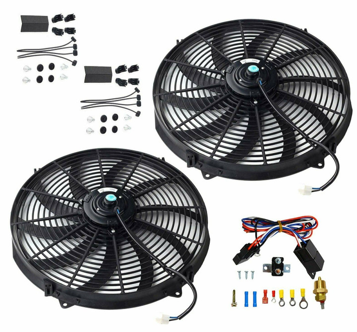 (2) 16" Electric Radiator Slim Push Fan + 30in 40A Thermostat Auto Relay Switch
