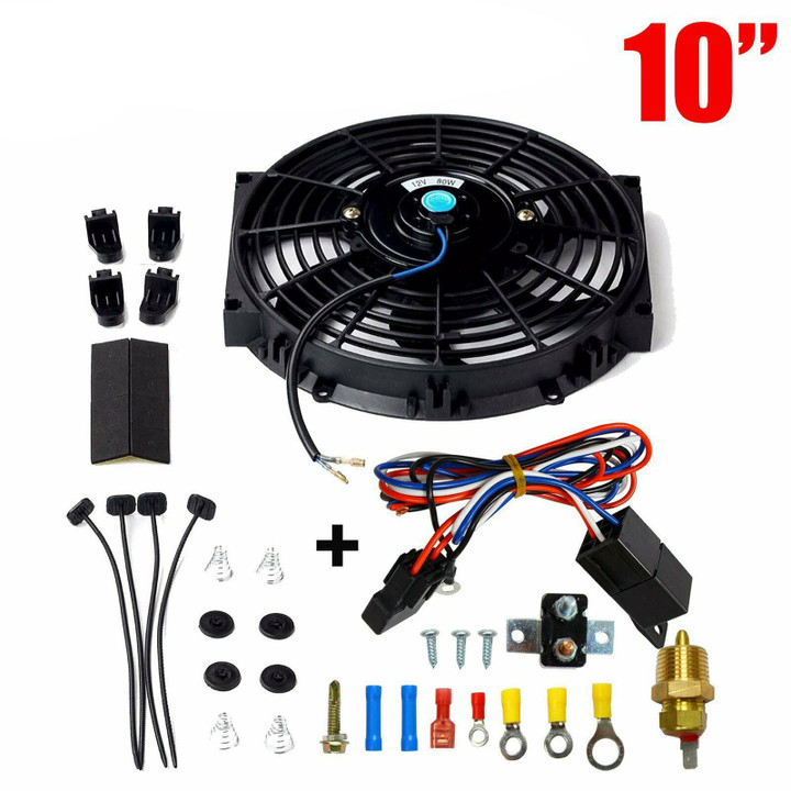 10'' Bk Electric Radiator Cooling Fan + Thermostat Relay & Mounting Kit Black 
