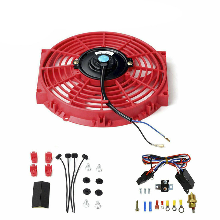 Electric Radiator 10'' Cooling Fan Red & 3/8" Probe Ground Thermostat Switch Kit 

