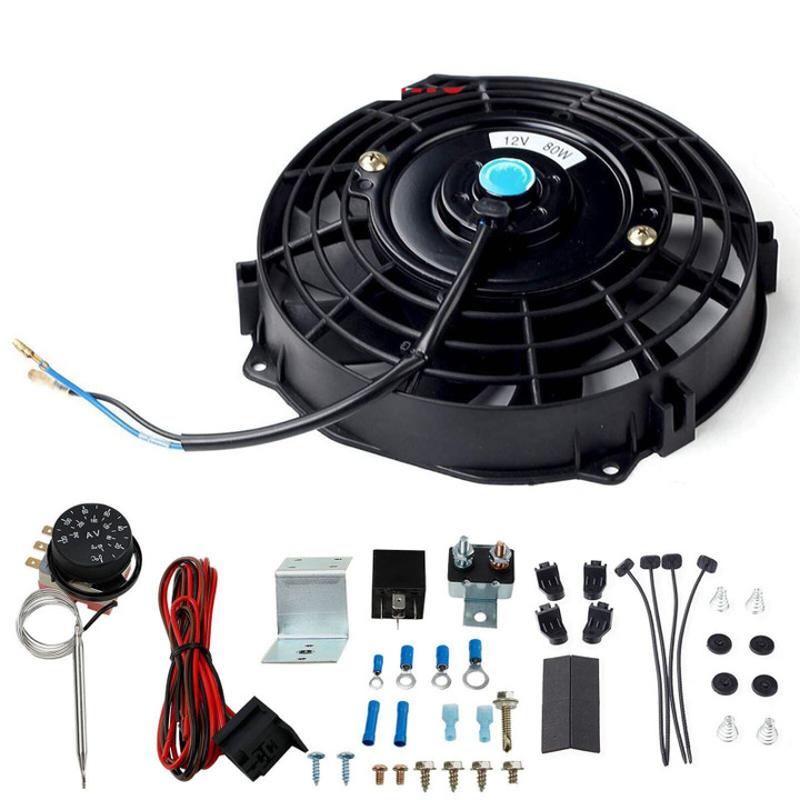 7" Cooling Slim Push Radiator Fan 800Cfm 2900�10% & Thermostat Control Relay Kit 
