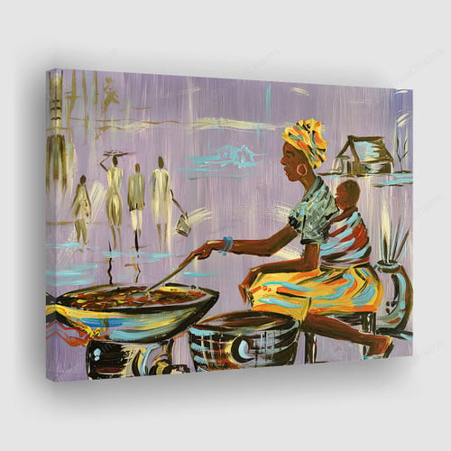 African Mother Cooking Painting Canvas - Authentic Nigerian Ethnic work Canvas Print, Canvas Art, Wall Decor For Living Room