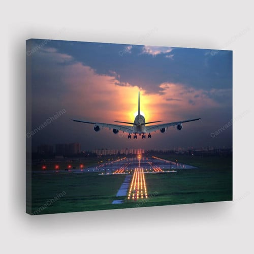 Airplane 747 Aviation Landing Sunset Airport Airplane Painting Canvas - Canvas Print, Canvas Art, Wall Decor For Living Room