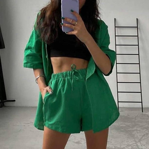 Summer Casual Tracksuit Women's Shorts Suits Green Streetwear Short Sleeve Shirt Tops Loose Drawstring Mini Shorts Two Piece Set