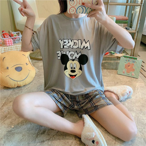 summer mickey Pajama Set Women Short Sleeve T Shirt and shorts Pijama Sleepwear Disney  Cartoon Print Pyjamas Nightwear Set