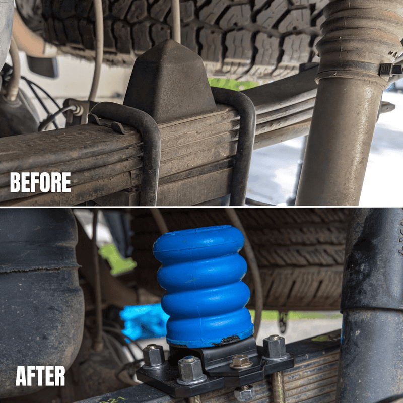 Toyota trucks rear: stock rubber bump stop before, YotaTV after