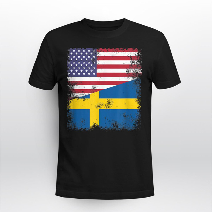 Half Swedish Flag T-Shirt  Vintage Sweden USA Gift