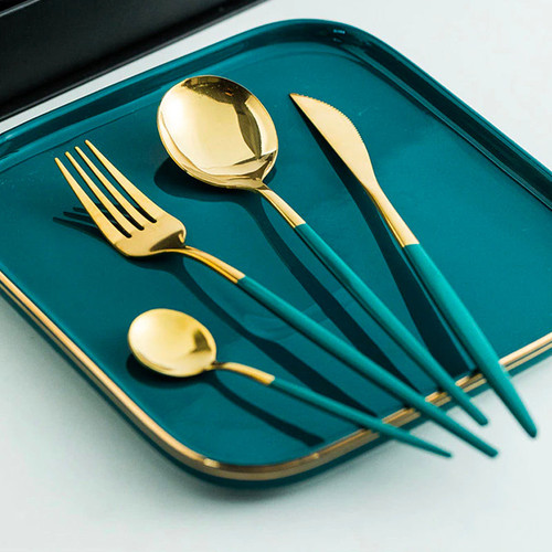 Dark Green & Gold Luxe 24 pieces Cutlery Set - Flatware Set