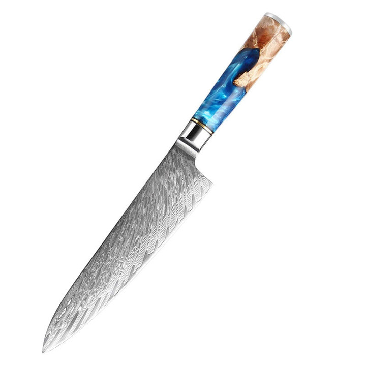 8 inch Damascus Gyuto Knife with Coloured Blue Resin Wood Handle - Ocean Series