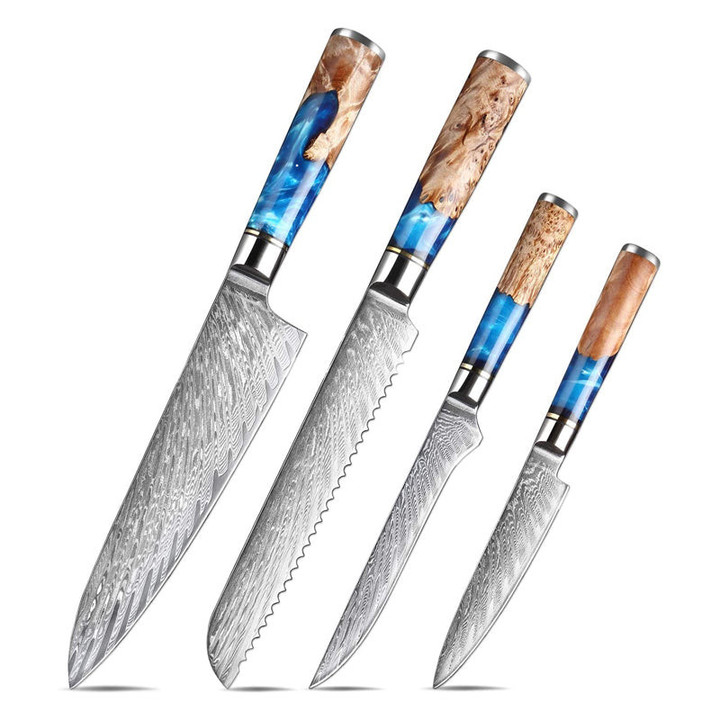 Damascus Steel Kitchen Knife Set With Coloured Blue Resin Wood Handle - Ocean Series