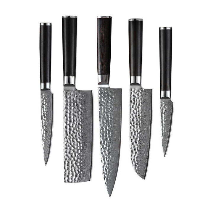 Hammered Damascus Chef Knife Set - 5pcs Damascus Steel Kitchen Knives
