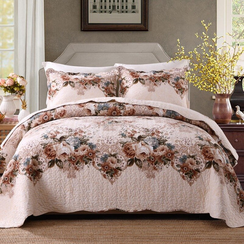 3Pcs Vintage Flowers printed Quilt Coverlet Quilted Cotton Soft Bedspread Full/Queen Bed Cover 2 Pillow shams Blanket