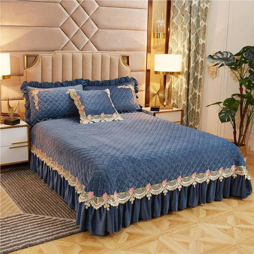 3/5Pcs Velvet Quilted Bedspread Queen King size Quilt Set Thermal Bed Cover Elegant Ruffled Luxury Coverlet Comfortable Soft