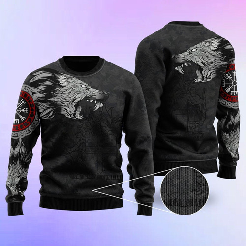 Iceland Fenrir Wolf And Vegvisir Viking Ugly Christmas Sweater | For Men & Women | HS1041