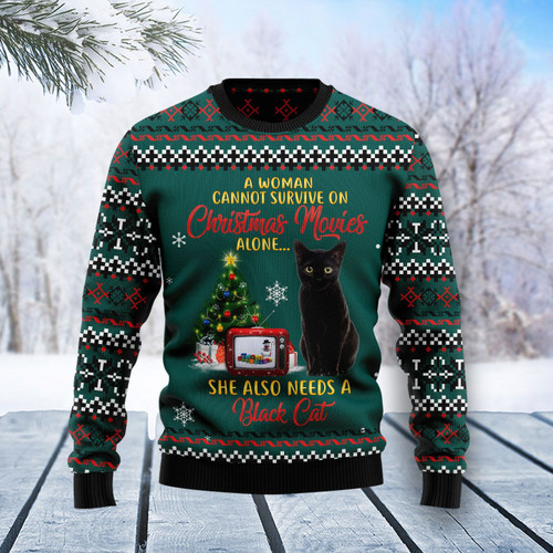 Black Cat Christmas Movie Ugly Christmas Sweater | For Men & Women | Adult | HS5201