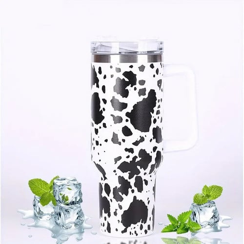 1Pc 40oz Cow Print Insulated Tumbler With Lid And Straw,Stainless Steel Coffee Tumbler with Handle,Double Vacuum Leak Proof Mug