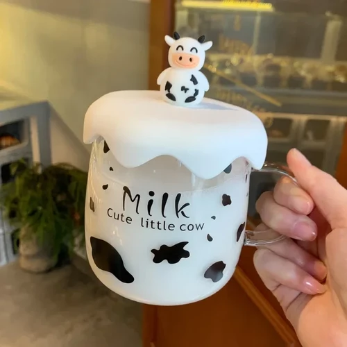 3D Cow Kawaii Milk Cups Glass Stirring Water Bottle with Silicone Cover Handle Transparent Light Blender Cup Lovers Gift