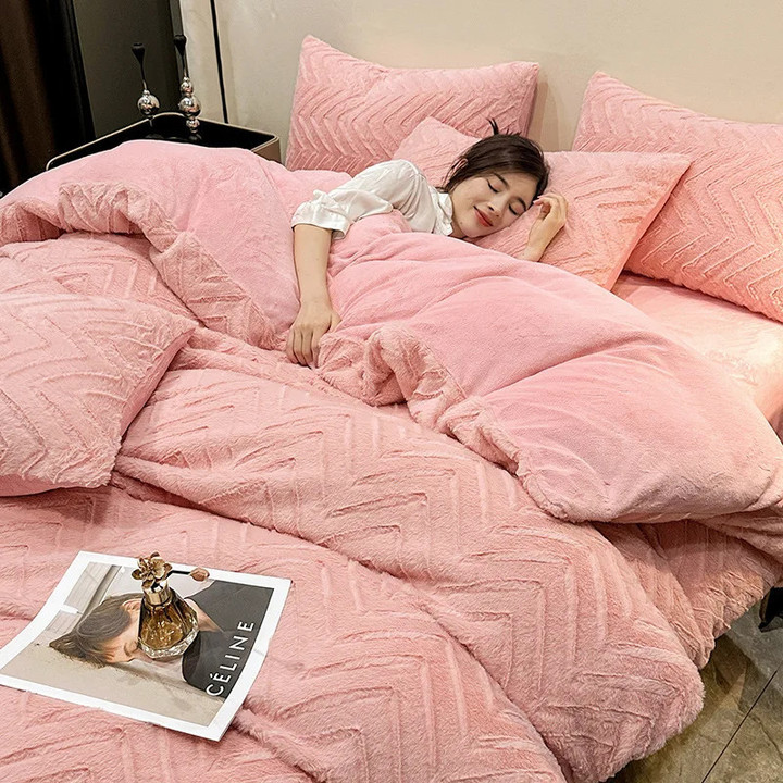 Winter Luxury Queen Size Bedding Set Home Textiles Double-sided Plush Thick Warm Duvet Cover Sheet Pillowcase 4pcs Bed Linen Set