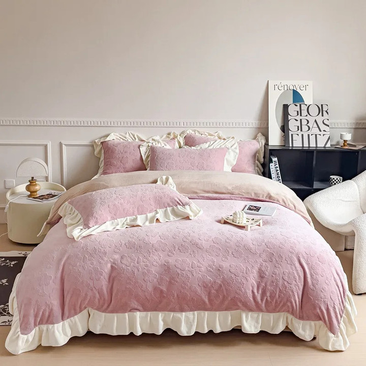 Winter Luxury Queen Bedding Sets Home Textiles Double-sided Plush Lace Duvet Cover Bed Sheets and Pillowcases 4pcs Bed Linen Set