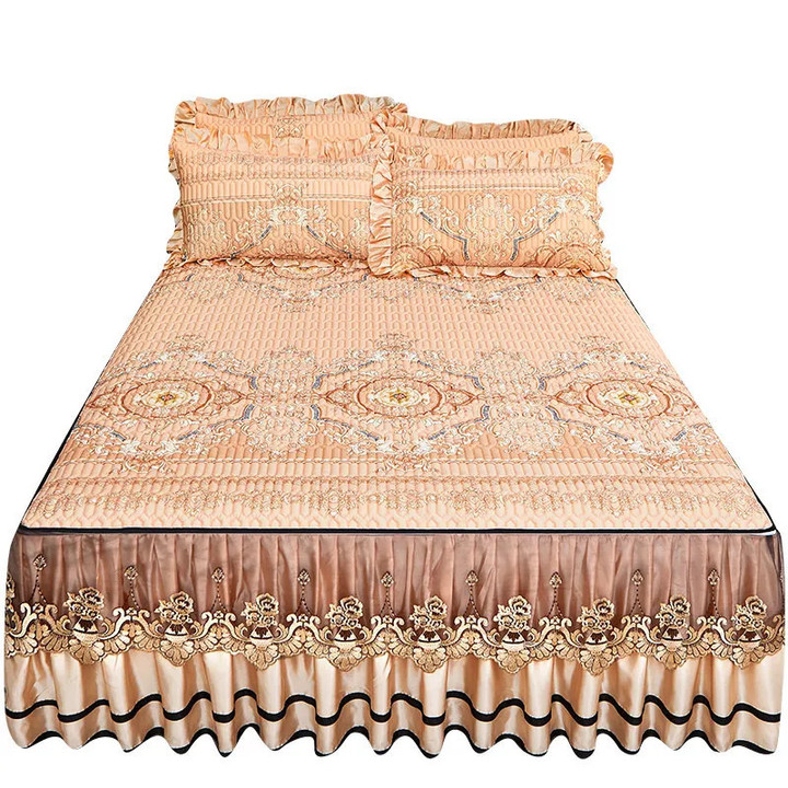 European Print Latex Cooling Sleeping Bedspread for Summer with Zipper Lace Bed Skirt Air Conditioning Mat with 2 Pillowcases