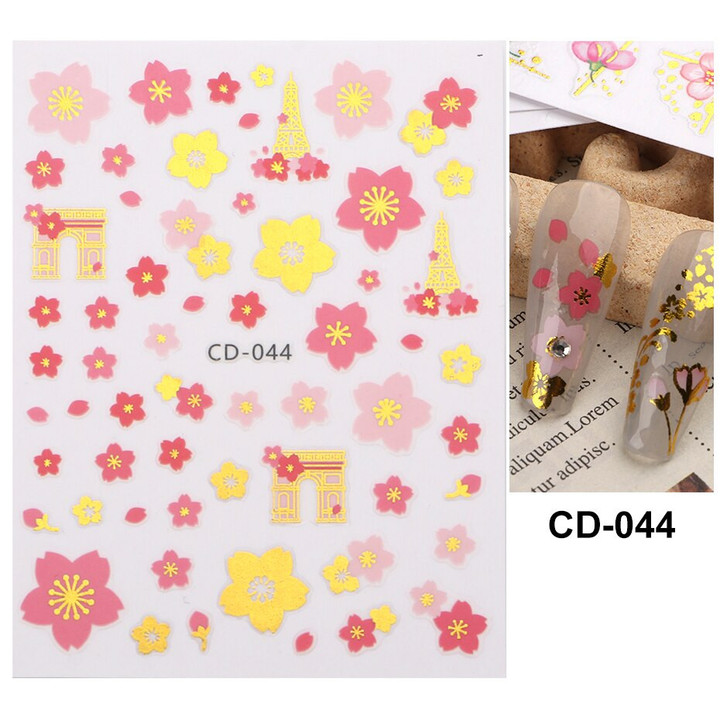 White Gold Stickers Cute Summer Spring Nail Design 3D Adhesive Decals Leaves Flowers Sliders for Nail Art Decoration LACJ030