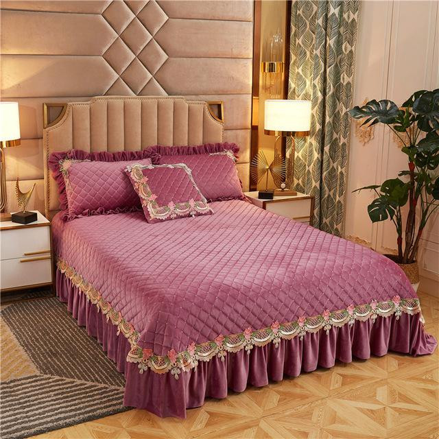 Luxury Velvet Quilted Thick Bedspread Pink Purple Blue Chic Ruffled Soft Warm Bed spread Pillow shams 3/5pcs Queen King size