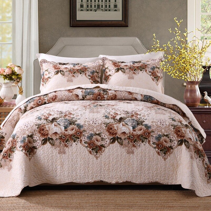 3Pcs Vintage Flowers printed Quilt Coverlet Quilted Cotton Soft Bedspread Full/Queen Bed Cover 2 Pillow shams Blanket