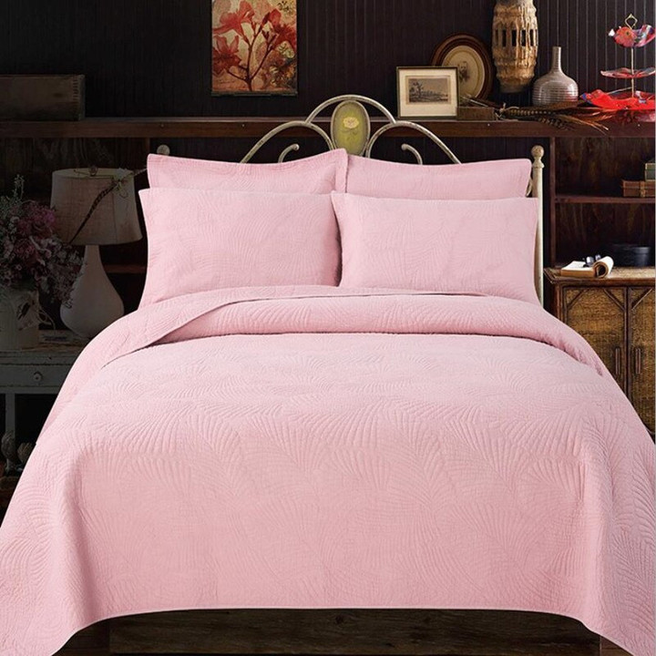 100% Cotton Quilted Bed Spread Set Pillow shams Queen size Embroidery Chic Leaves Pattern Solid Bedspread Bedding Coverlet set